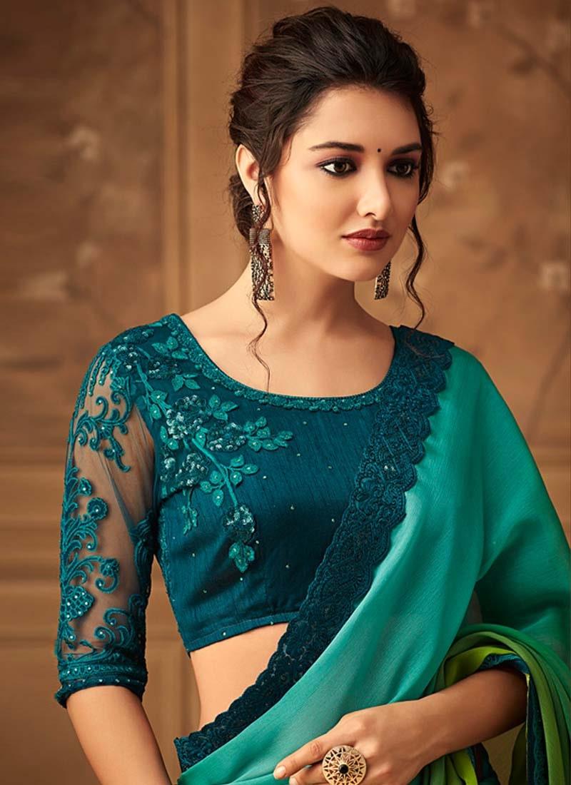 Green And Turquoise Shaded Color Silk Base Heavy Work Designer Saree Visit New