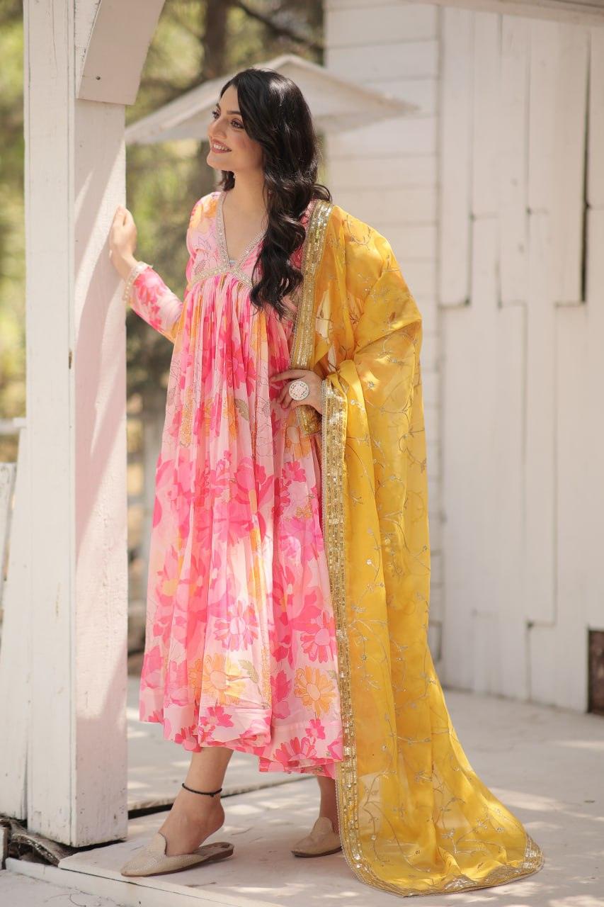 Amazing Russian Silk Floral Digital Printed Gown With Dupatta View For Sale