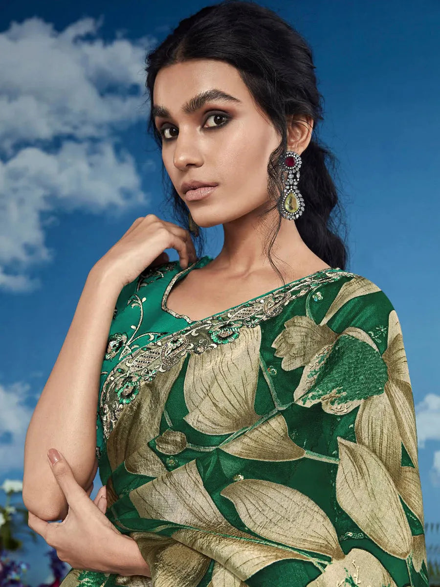 Pleasing Green Heavily Floral Embroidered Brasso Saree Real Cheap Online