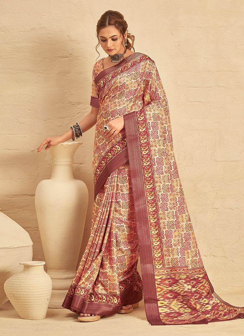 Silk With Digital Print Cream Saree Cheap 2025 Newest