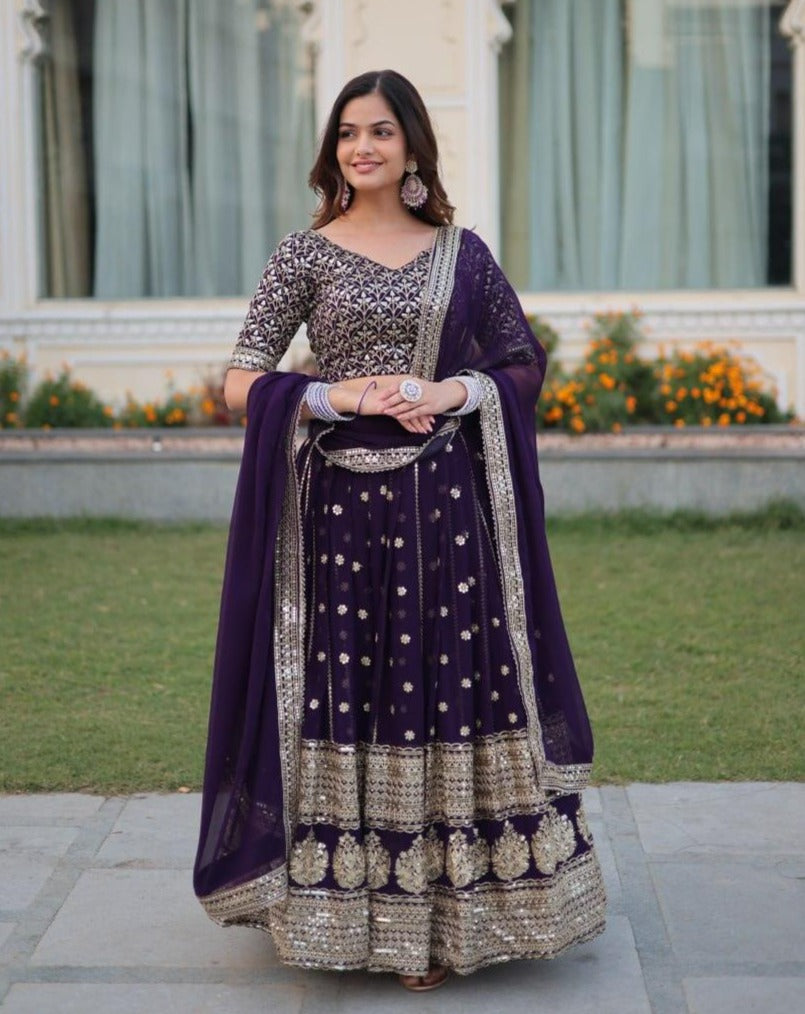 Wonderful Purple Faux Georgette Heavy Sequins Embroidered Lehenga Choli Set Cheap Sale How Much