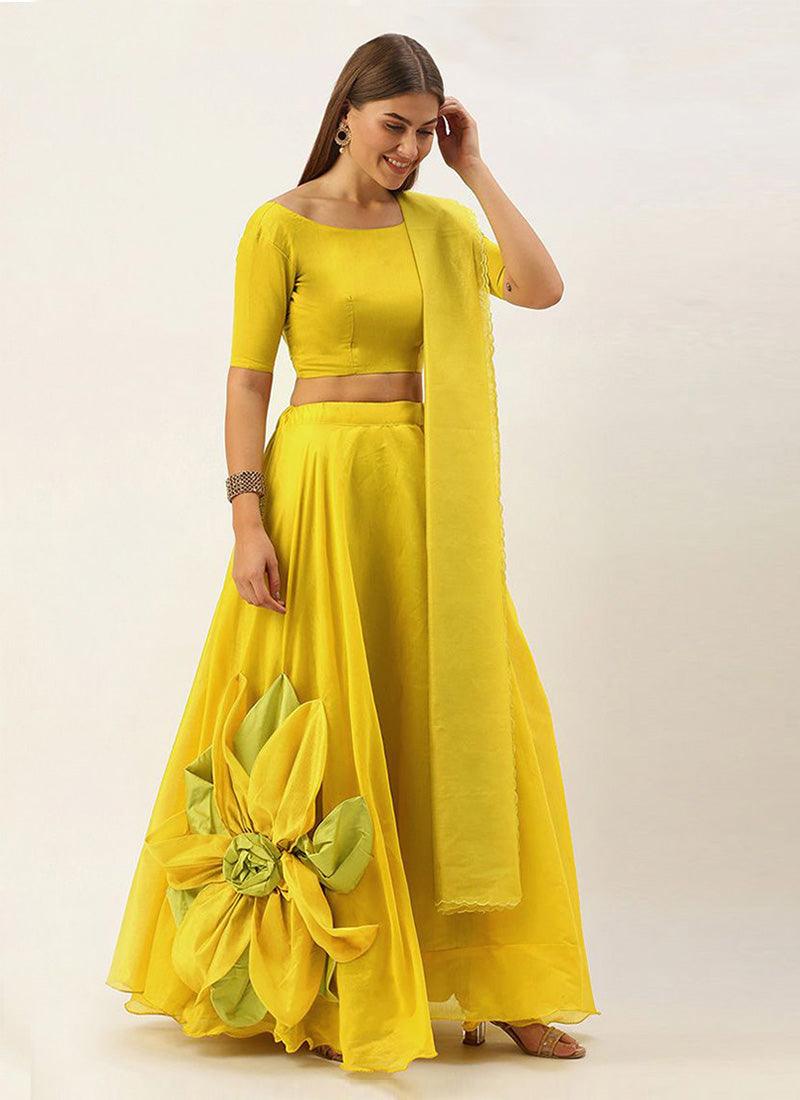 Stunning Parrot Yellow Pink Color Patchwork Lehenga With Boat Neck Blouse Cheap Sale Marketable