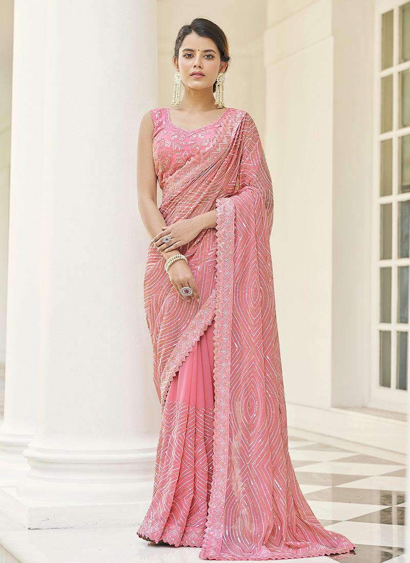 Baby Pink Color Georgette Base Saree With Sequins Work Marketable Sale Online