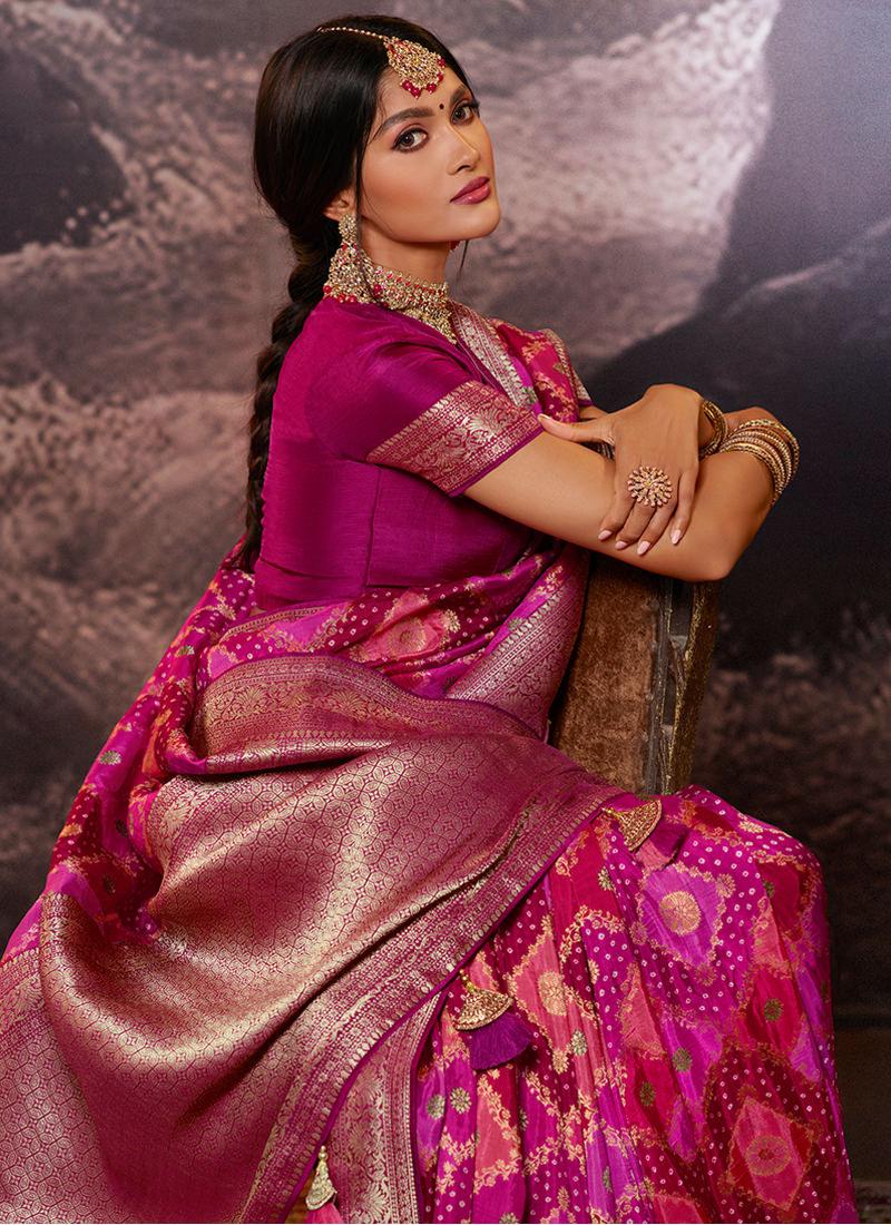 Dola Silk Weave Rani Pink Color Printed Saree Outlet Online Shop