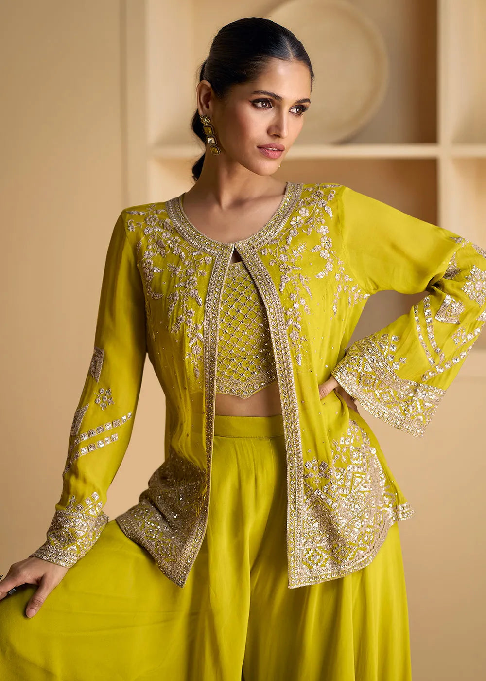 Chartreuse Green Georgette Top Palazzo Suit With Embroidered Jacket Genuine Cheap Online