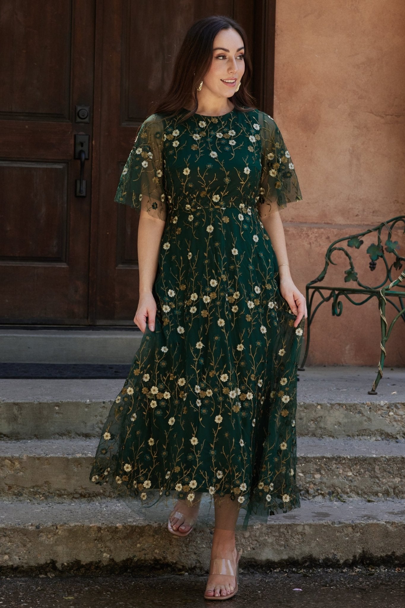 Arabella Embroidered Tulle Maxi Dress | Dark Green Floral Outlet Newest