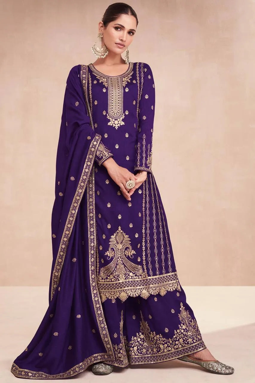 Pristine Purple Embroidered Vichitra Silk Palazzo Suit Buy Cheap For Cheap