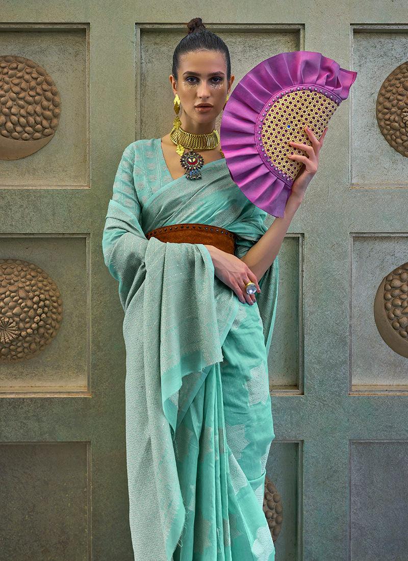 Turquoise Color Lucknowi Silk Classic Saree Big Discount For Sale