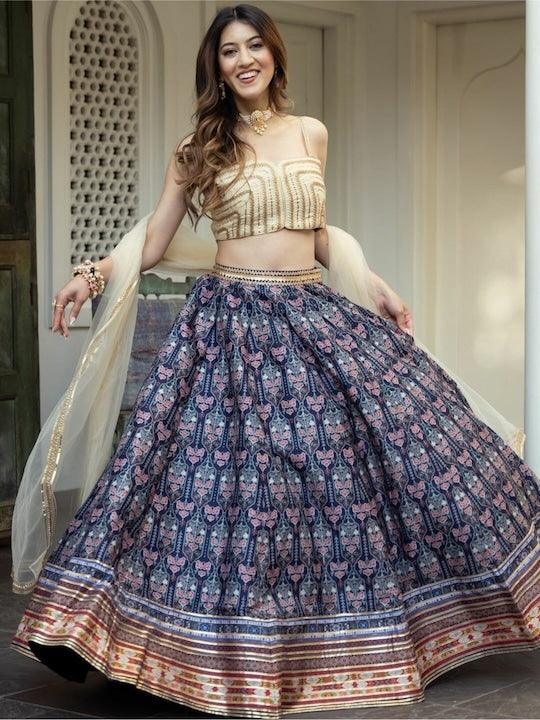 Blue And cream silk printed lehenga choli Cheap Sale