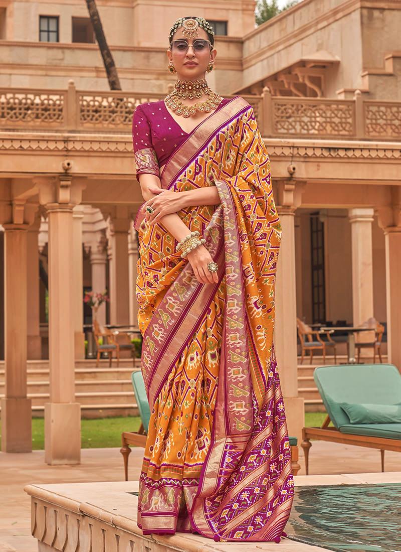 Mustard Smooth Silk Foil Print With Patola Saree Huge Surprise Cheap Online