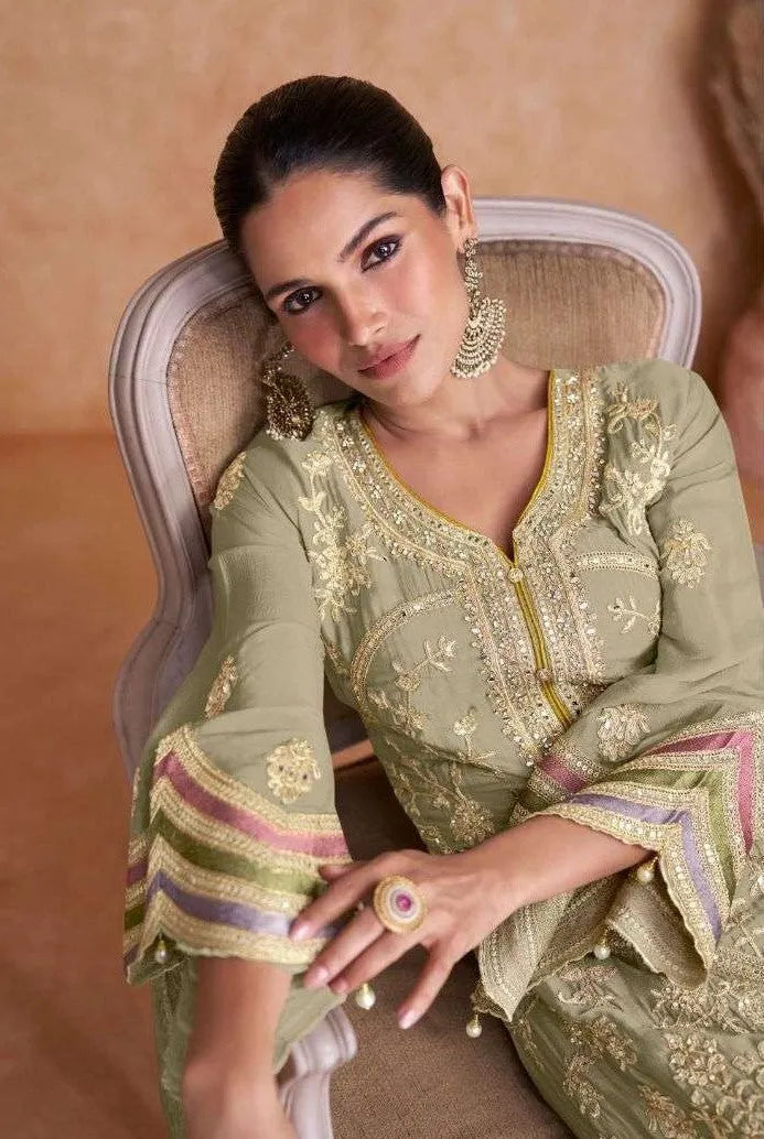 Mehendi Green Pure Chinon Sequins Embroidered Straight Suit Cheap Sale Geniue Stockist