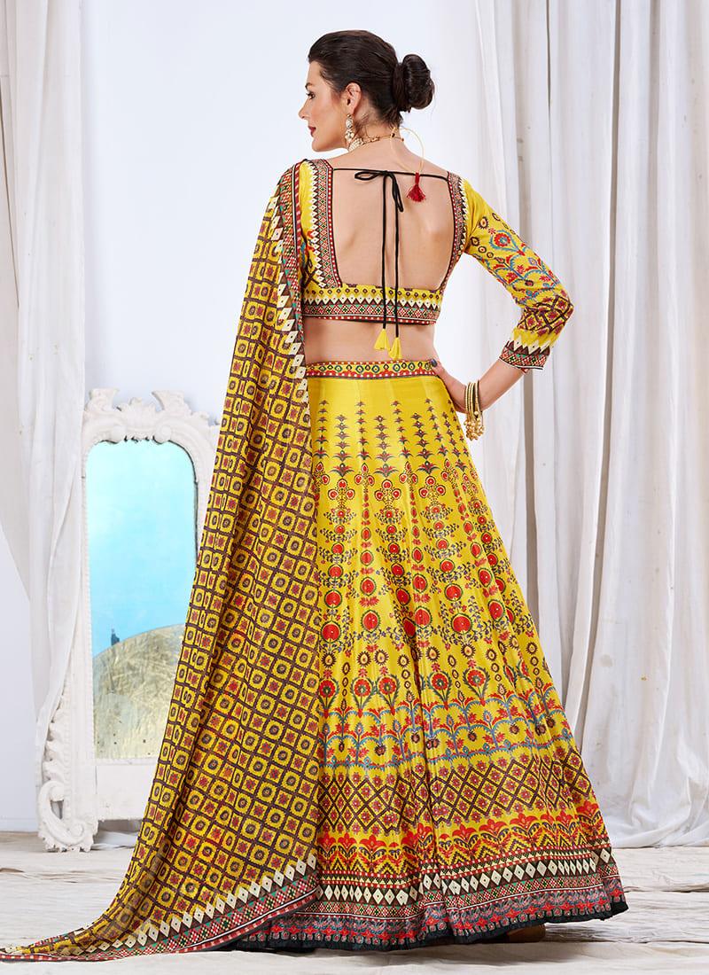 Digital Printed Deep Neckline Yellow Lehenga Choli Free Shipping Very Cheap