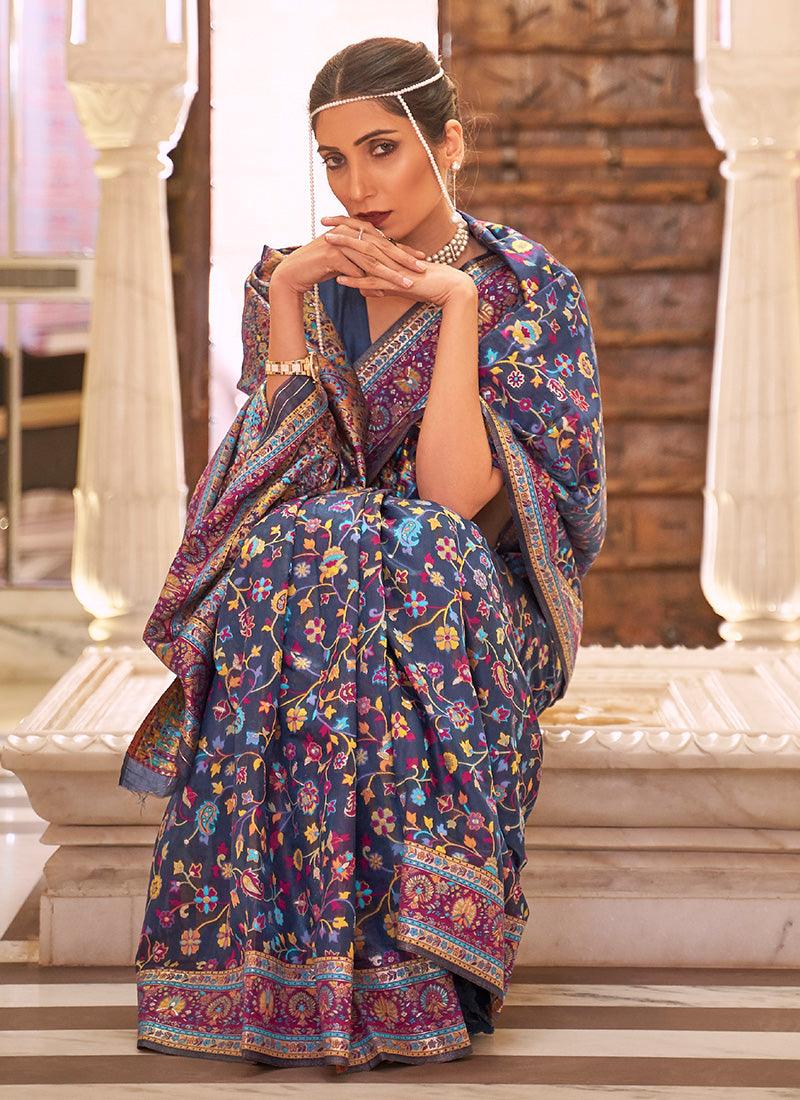 Teal Blue Printed Occasional Floral Saree Best Place Cheap Pice