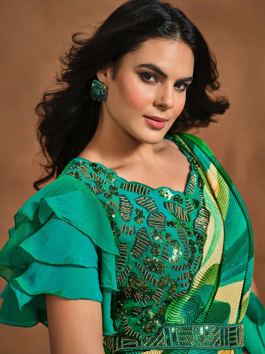 Radiant Green Satin Silk Digital Printed Ready To Wear Saree Pay With Visa Cheap Pice