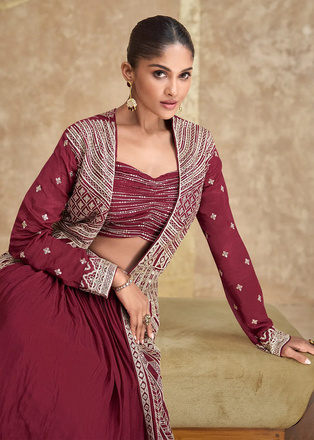 Enchanting Jacket Style Maroon Embroidered Lehenga Choli Clearance 2025