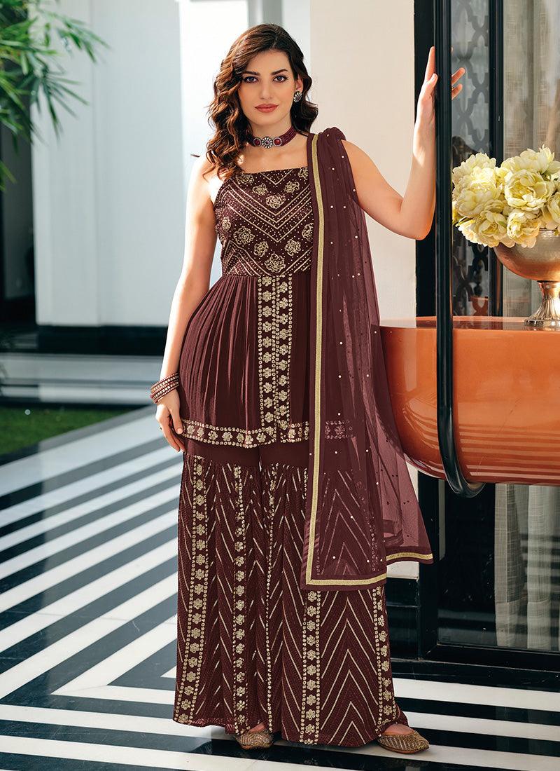 Heavy Embroidery And Sequins Work Maroon Festive Wear Sharara Suit Best Pices