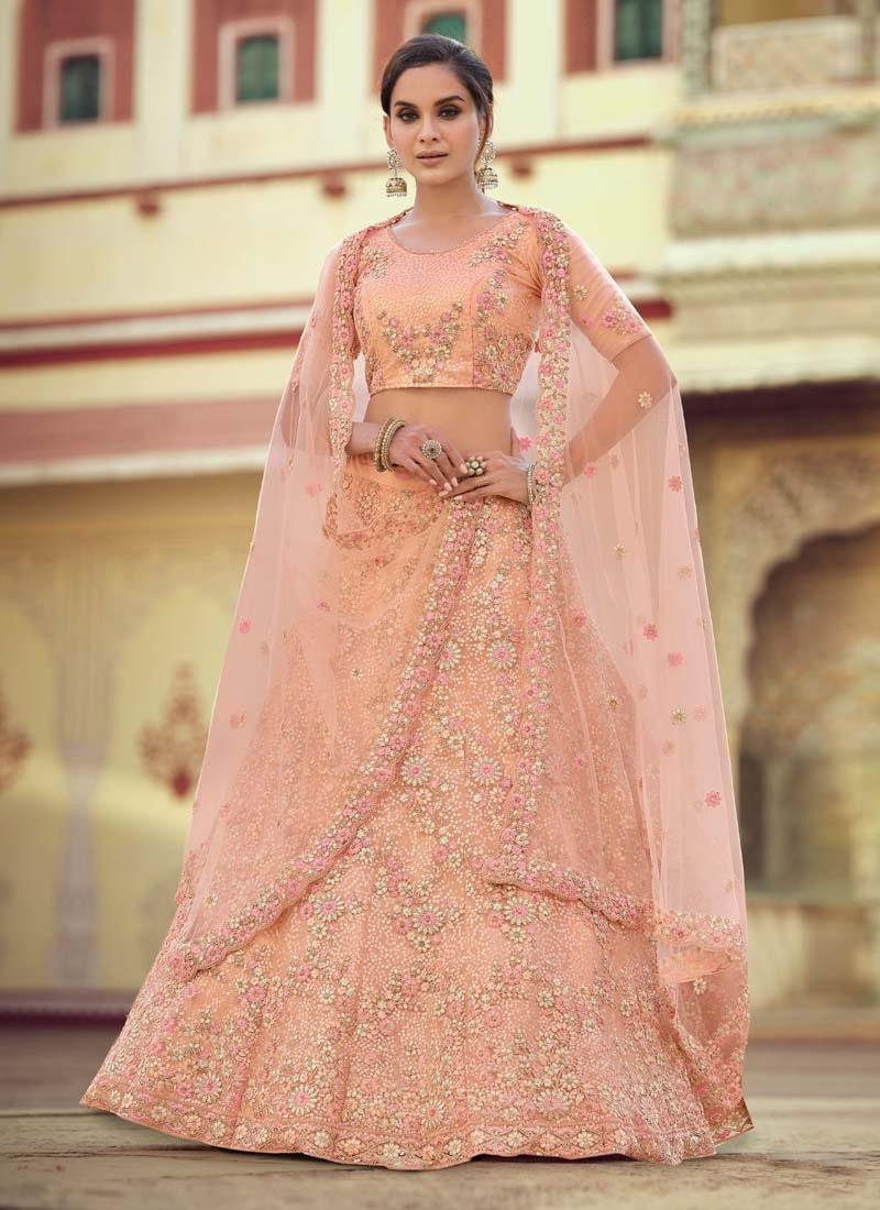 Charming Peach Color Sequins And Zari Work Soft Net Material Lehenga Choli Sale Recommend