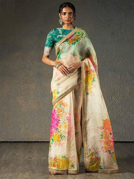 Cream Organza Floral printed Saree With Paypal