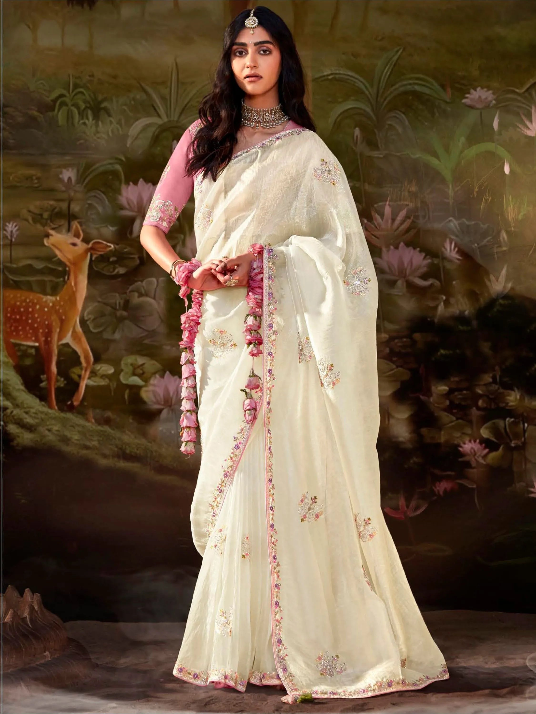 Cream Pure Organza Sequins Embroidered Designer Saree Outlet For Nice