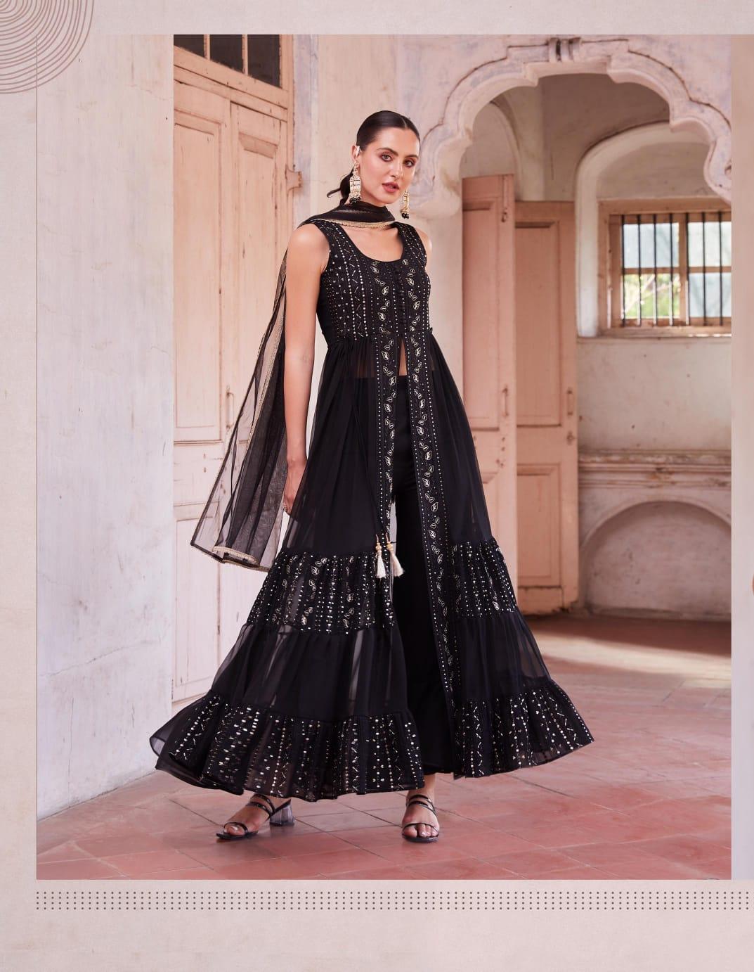 Black Georgette raffled pant style suit with dupatta Free Shipping Pick A Best