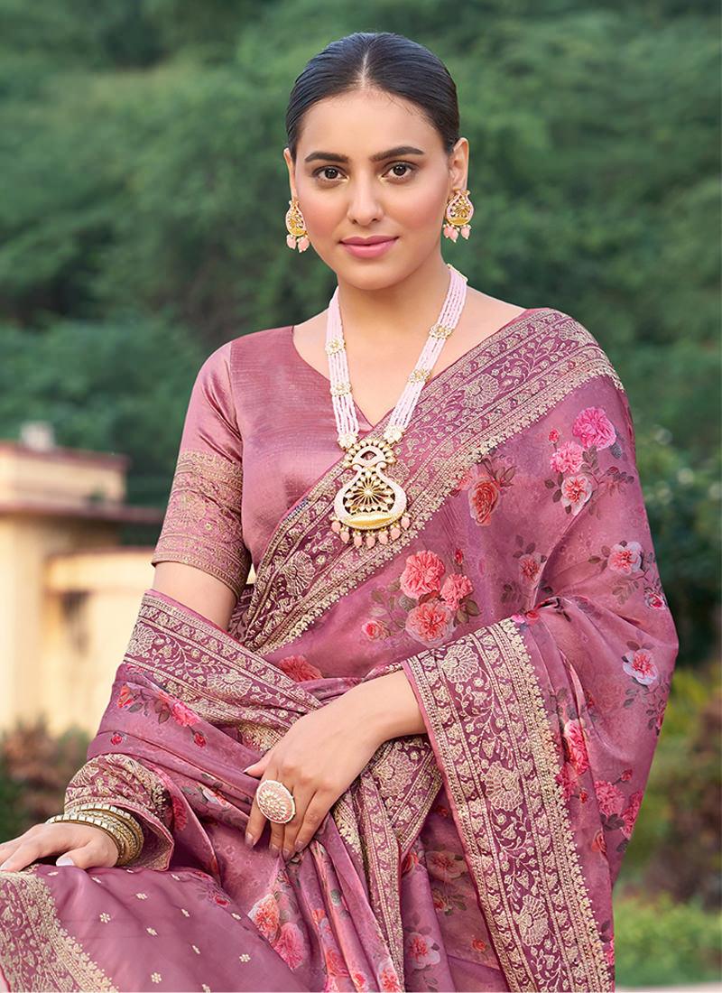 Embroidered Onion Pink Organza Floral Saree Cheap Sale Pick A Best