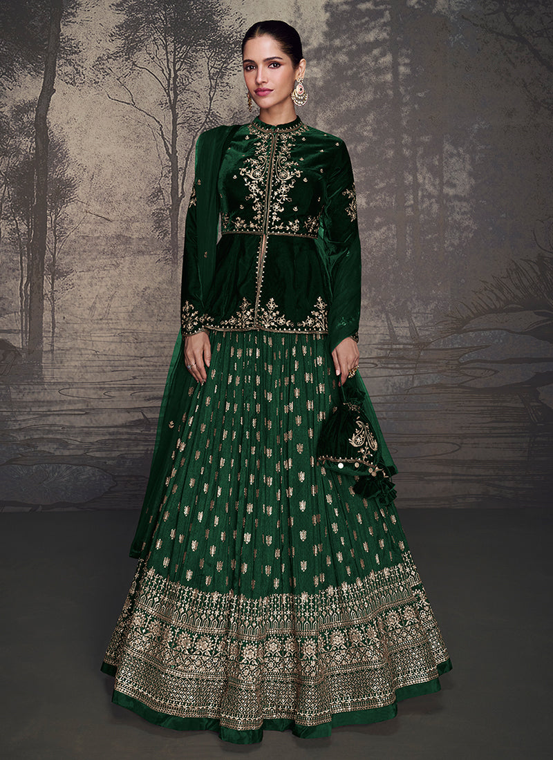 Dazzling Forest Green Embroidered Peplum Style Lehenga Choli Cheap Pice Cost