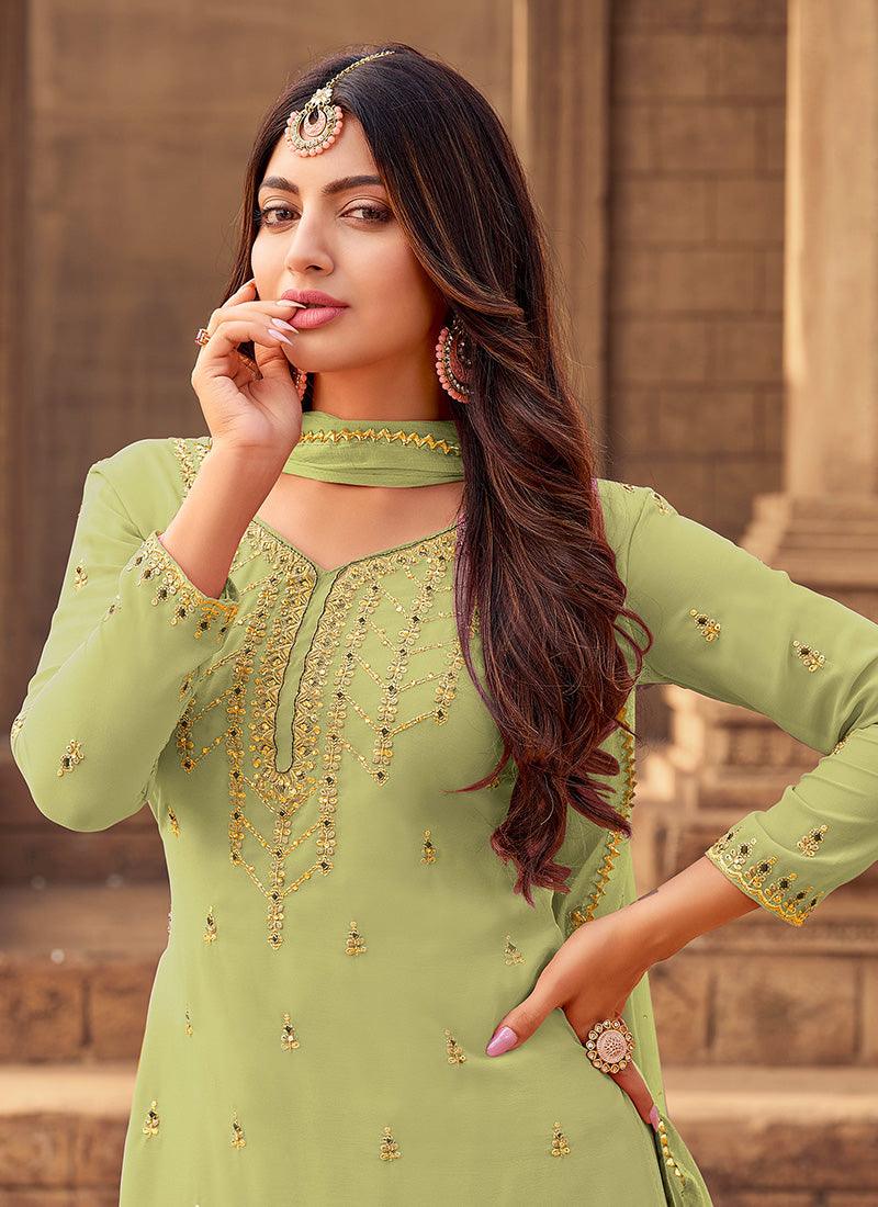 Light Green Color Georgette Base Sharara Suit With Zari Work Outlet Lowest Pice