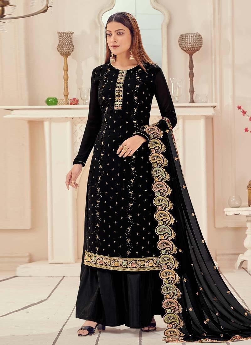 Black Color Georgette Fabric Zari And Sequins Work Palazzo Salwar Suit Clearance Marketable