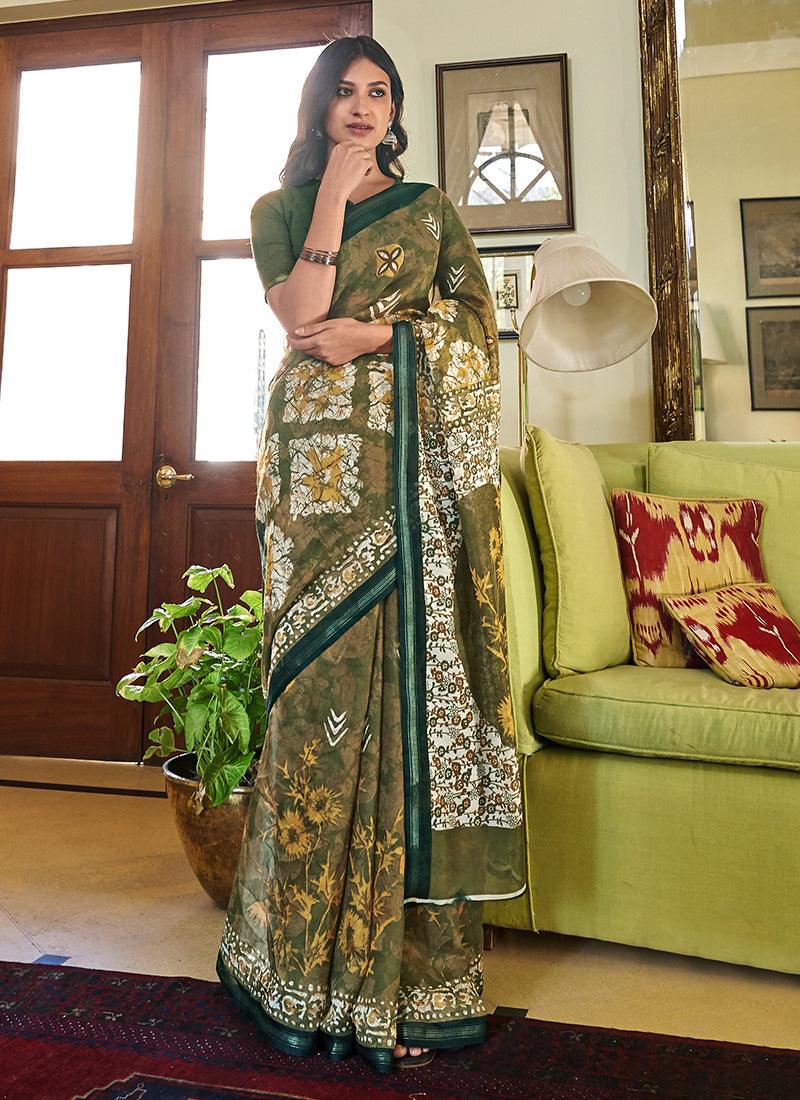 Green Color Floral Saree With Plain Blouse Outlet New