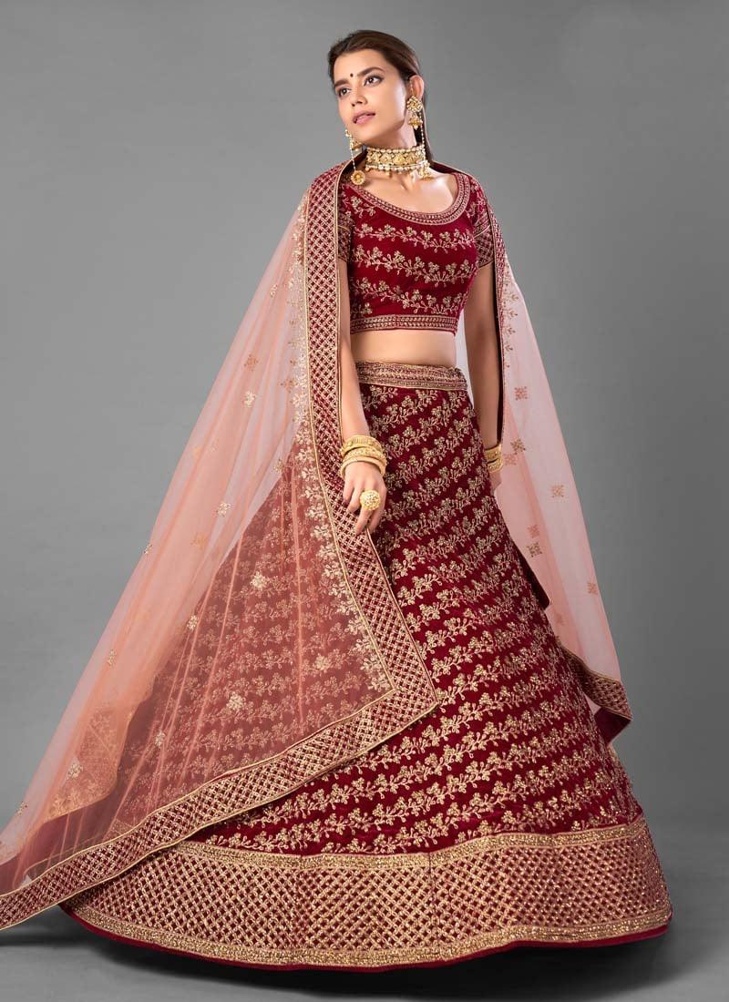 Splendid Velvet Fabric Stone And Dori Work Maroon Color Lehenga Choli Buy Cheap Inexpensive