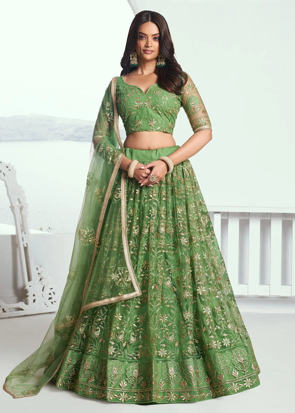 Superb Embroidered Net Pista Green Wedding Lehenga Choli Sale Cheapest Pice