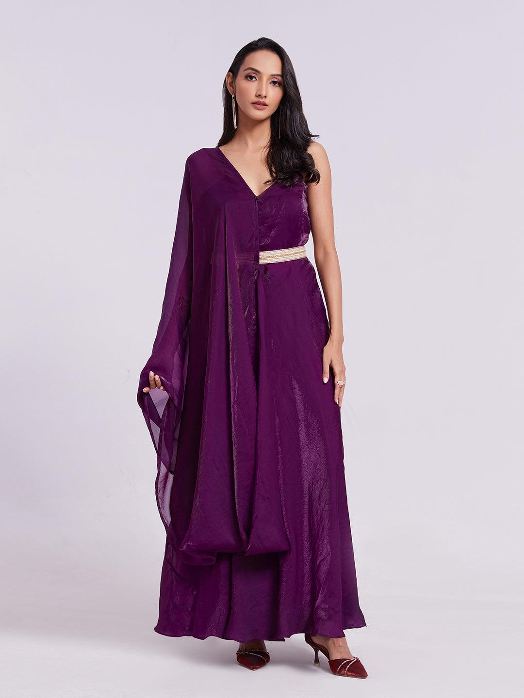 Purple organza readymade gown with attach dupatta and belt Discount Huge Surprise