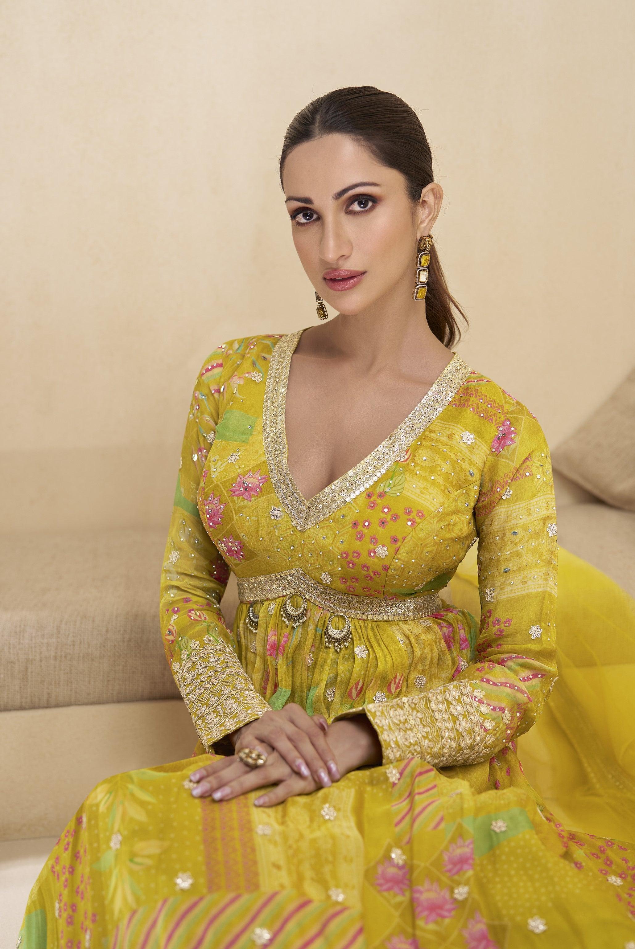 Yellow Pure Georgette Printed Embroidered Festival Wear Designer Gown Free Shipping Eastbay