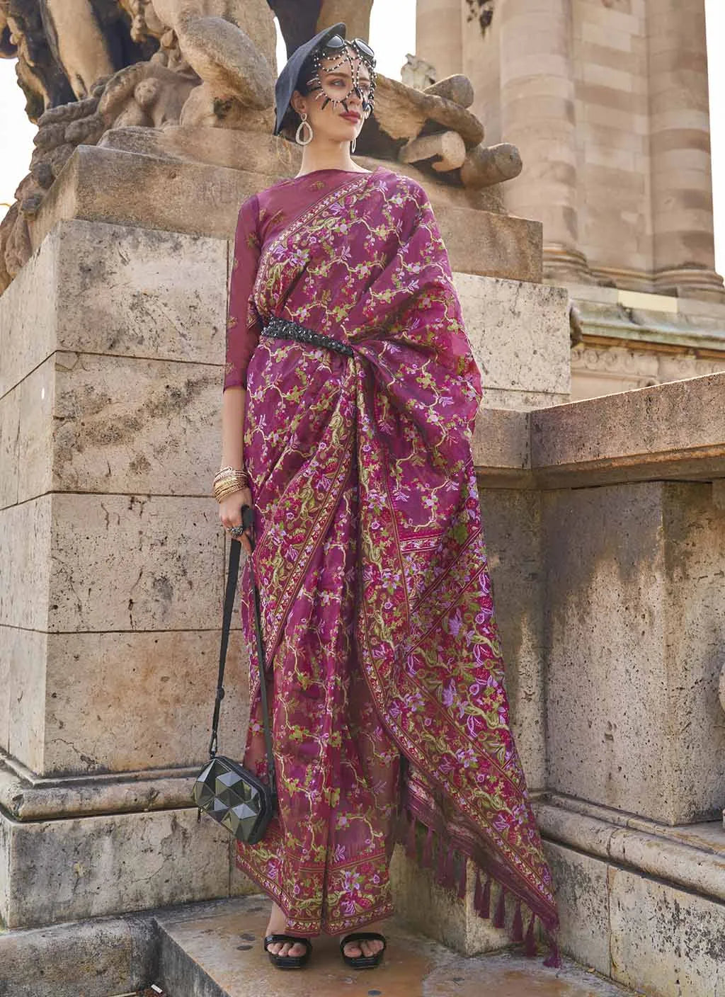 Stunning Dark Pink Handloom Organza Parsi Weaving saree Many Kinds Of Cheap Online