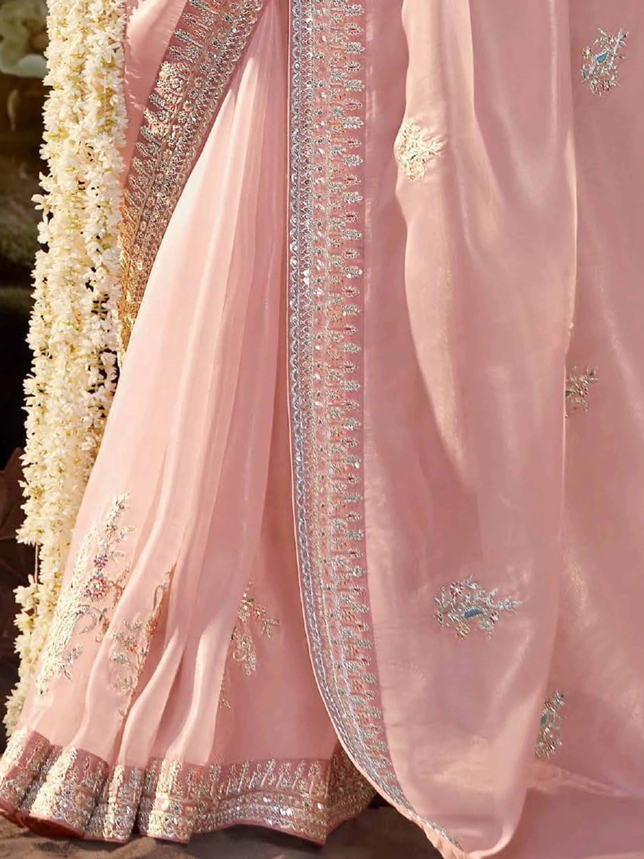 Light Pink Pure Organza Sequins Embroidered Designer Saree Free Shipping Comfortable