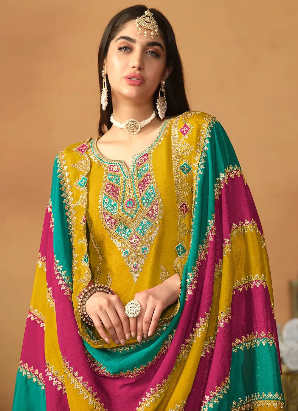 Chinon Silk Straight Suit in Vibrant Yellow with Detailed Embroidery Outlet Online