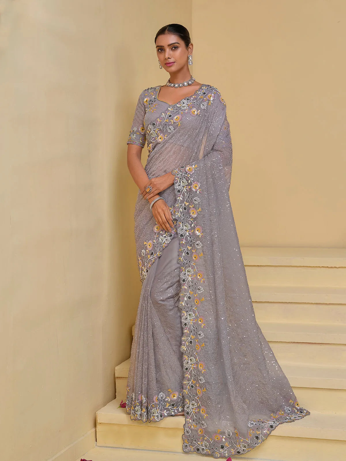 Graceful Grey Banarasi Silk Embroidered Saree Cheap Sale Tumblr