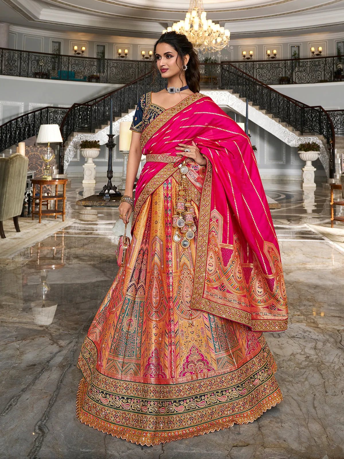 Glowing Golden Banarasi Silk Bridal Lehenga Choli Set Sale Cost