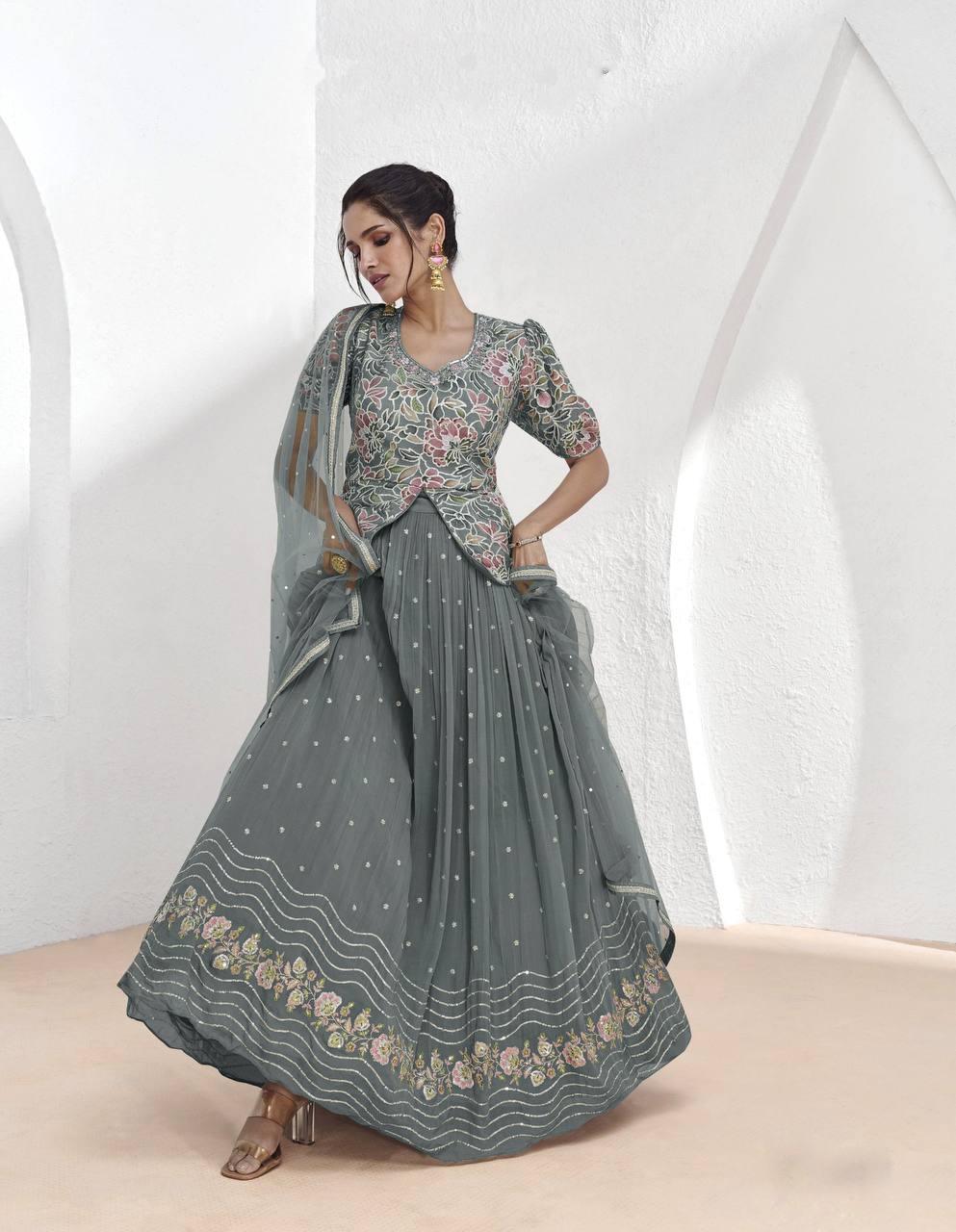 Graceful Grey Georgette Embroidered Party Wear Lehenga Choli Cheapest For Sale