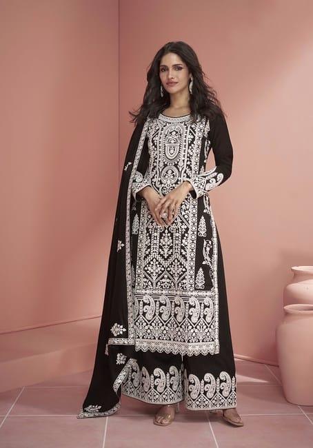 White Silk Embroidered palazzo suit with dupatta 100% Authentic Sale Online