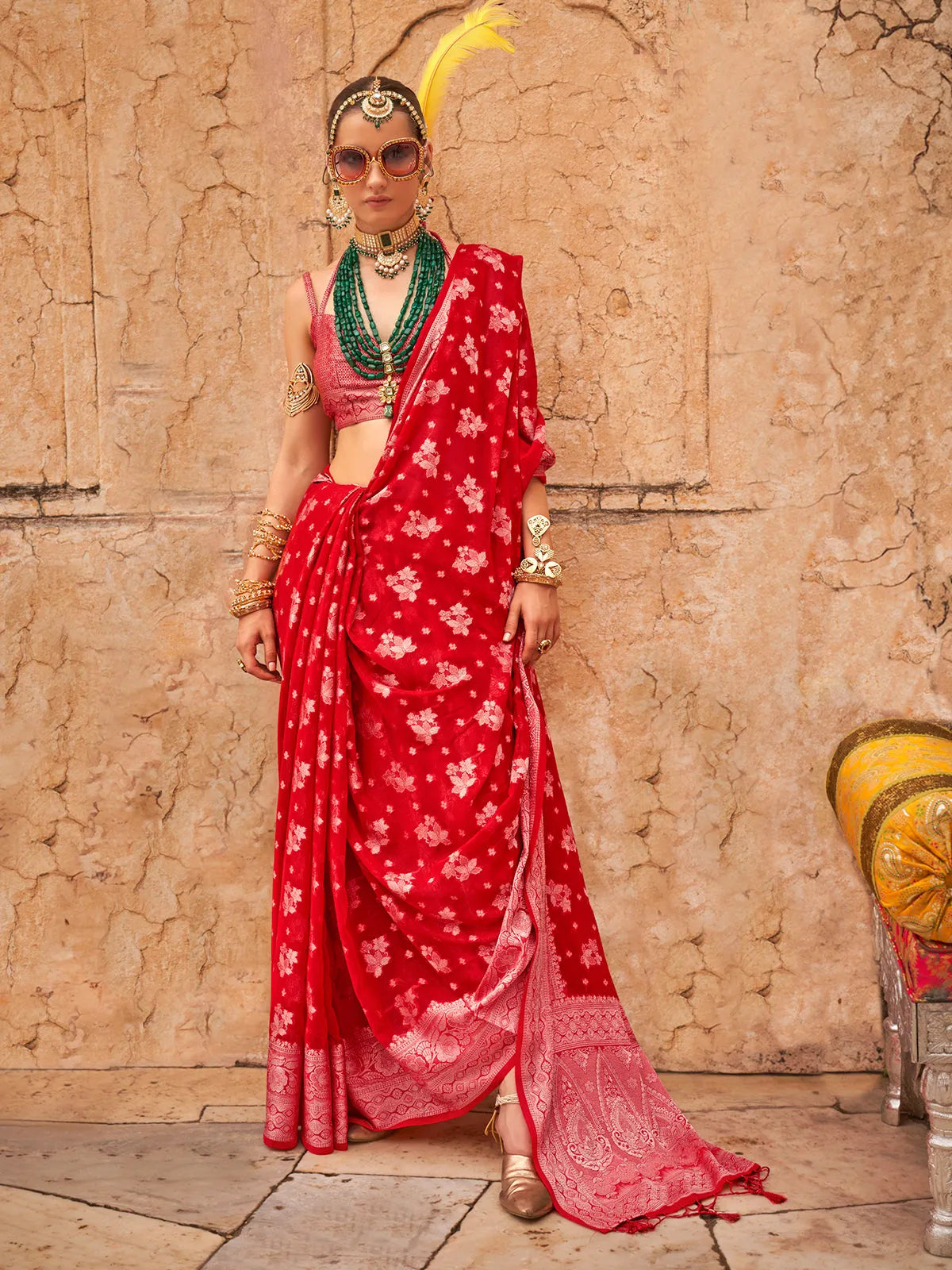 Ravishing Red Georgette Saree with Weaving Butta Border Sale Wide Range Of