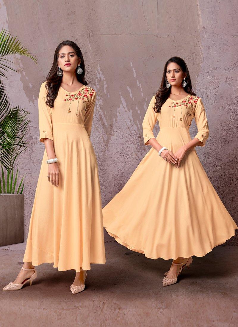 Intriguing Cream Color Cotton Base 3/4th Sleeves Partywear Long Kurti Free Shipping Supply