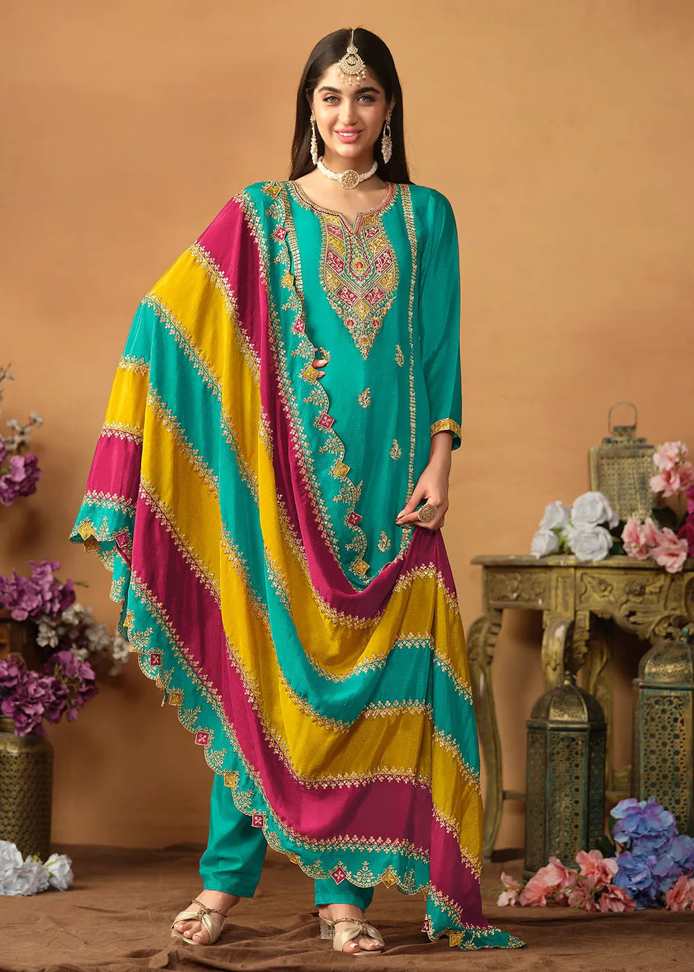 Glowing and Dazzling Chinon Silk Turquoise Salwar Suit Official Cheap Online