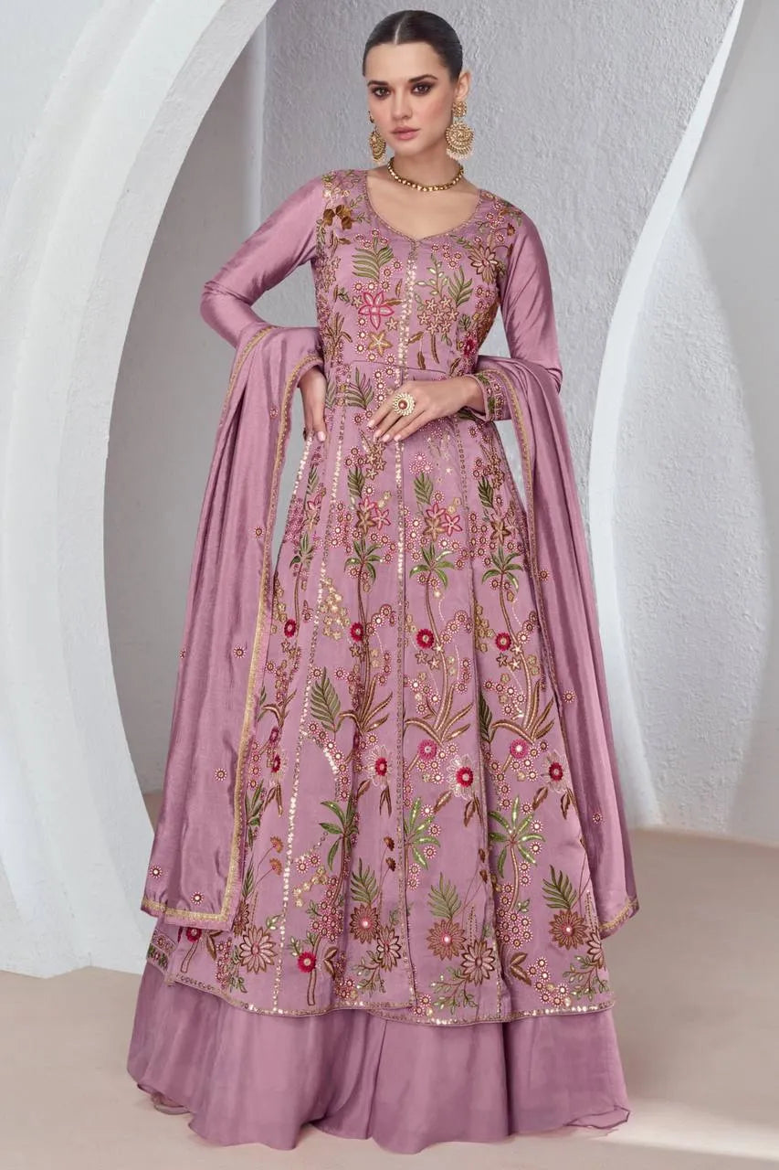 Ethnic Designer  Mauve Viscos Silk Embroidered Gown With Skirt Authentic For Sale