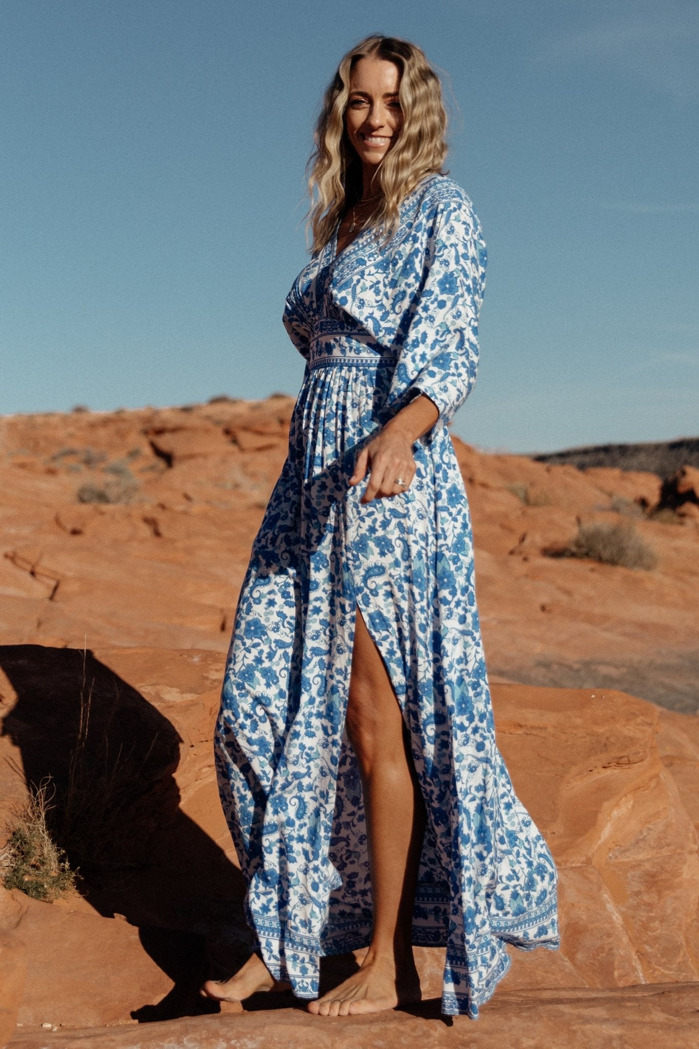 Watson Kimono Maxi Dress | Blue + White Free Shipping Shop Offer