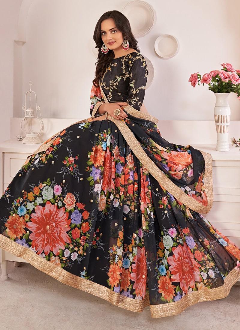 Black Color Georgette Base Sequins Work Floral Print Lehenga Clearance Classic