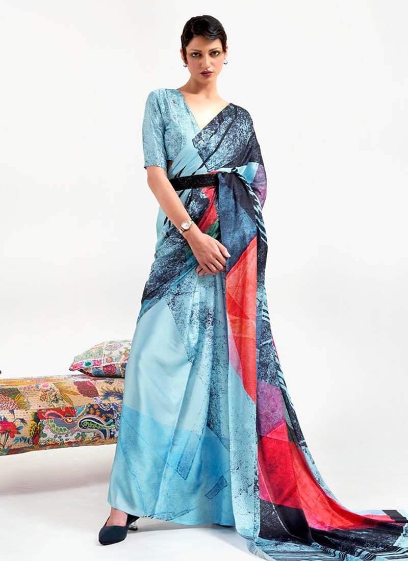 Classy Looking Light Blue Color Crepe Fabric V-Neck Blouse Printed Saree Buy Cheap Extremely