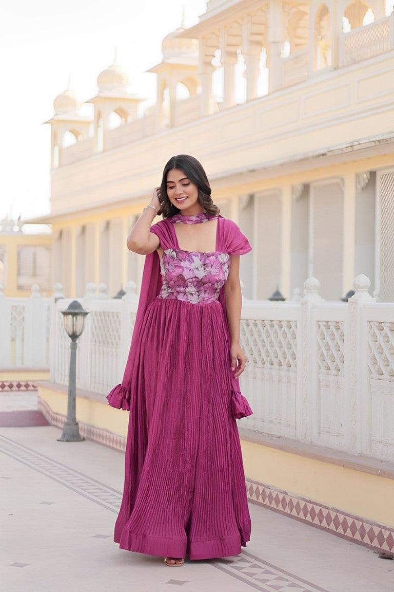 Pink color Chiffon printed Crush Pleated gown Clearance Buy