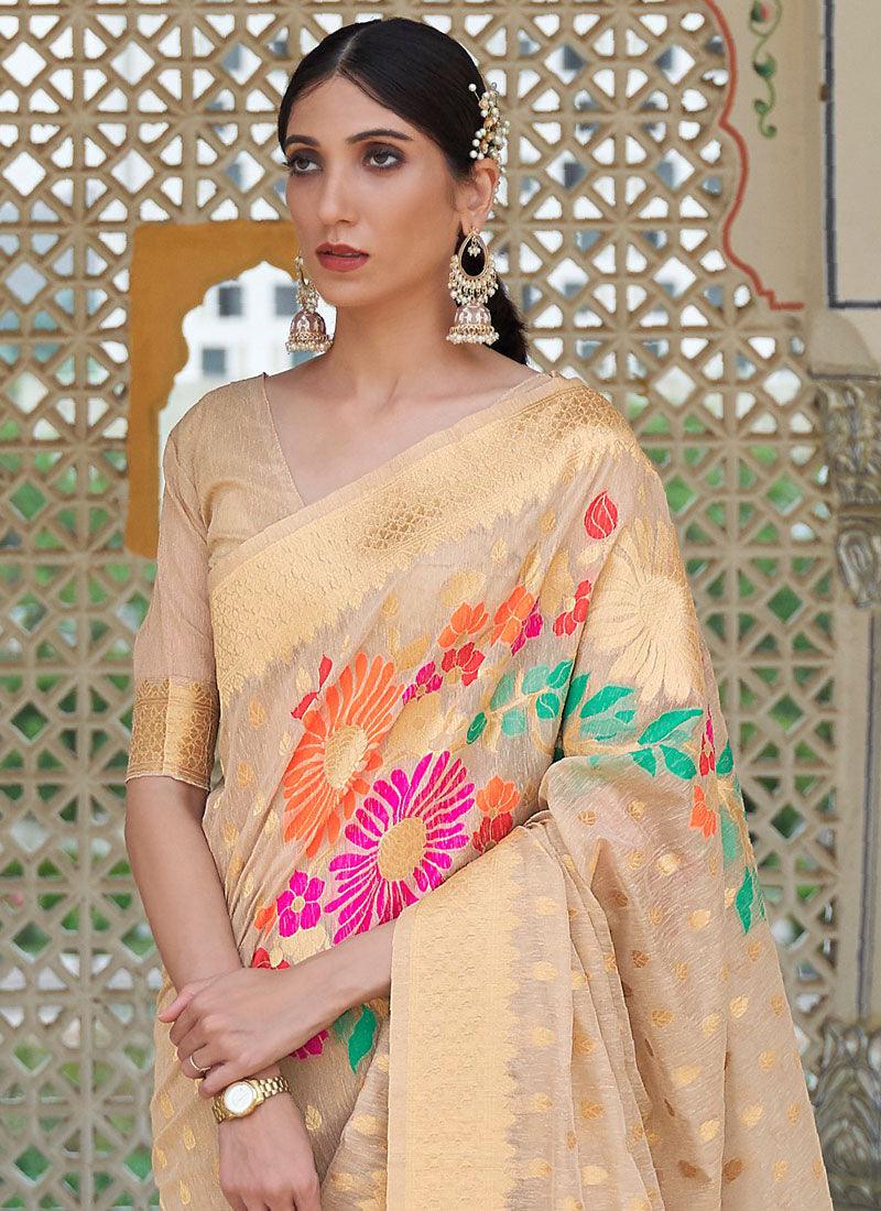 Exquisite Look Beige Color Linen Fabric Silk Weave Embroidered Saree Real Sale Online