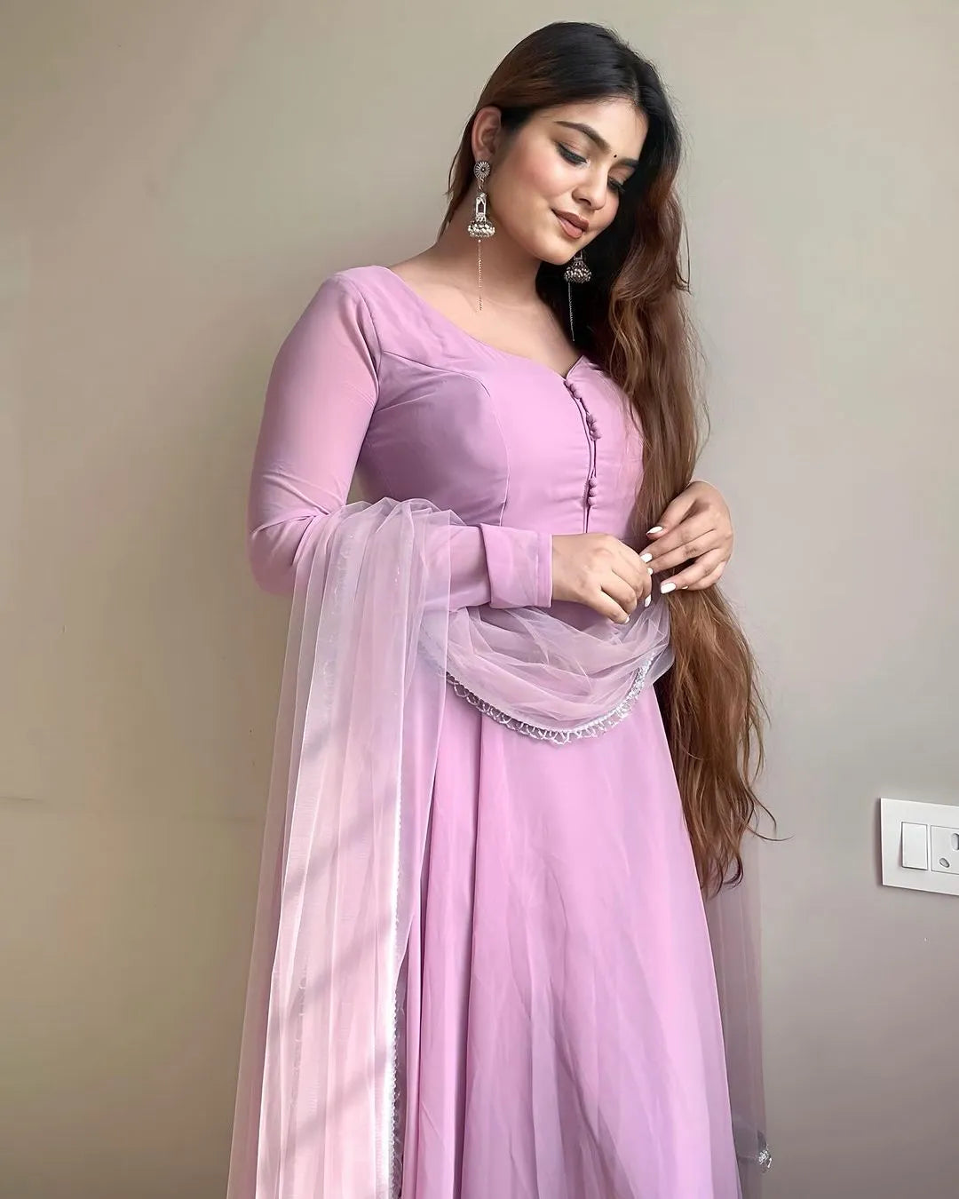 Trending Lavender Pure Faux Georgette Anarkali Pant Suit Sale Explore